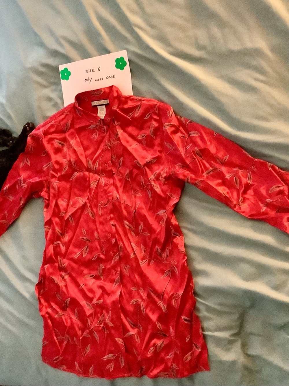 Notations Red Satin Button-Up Blouse with Leaf Print